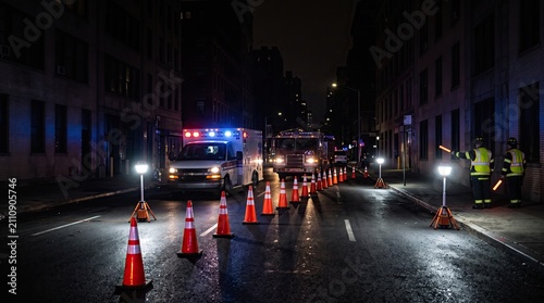 Emergency vehicles on a dimly lit street with traffic cones guiding the way amidst a nighttime city scene.