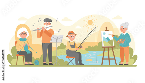 Group of active senior citizens enjoying their favorite hobbies including knitting, playing the flute, fishing, and painting in a park.