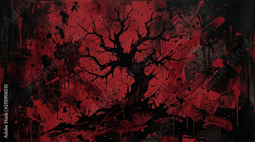 Dark Silhouette Tree Against Red Splattered Abstract Background