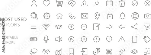 Cuadro en lienzo Most used essential user interface line icons set - editable stroke vector illus