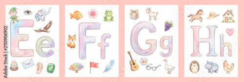 Watercolor alphabet letters E F G H with cute animals and objects for kids
