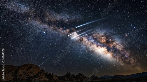 Bright shooting stars streak across the vast dark night sky