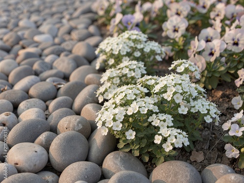 White candytuft flowers blooming among smooth river stones and pansies in garden