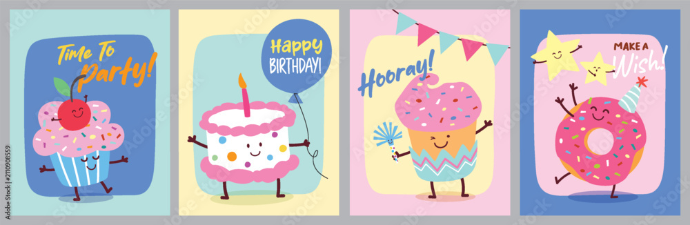 Obraz premium Birthday Anniversary with Funny Character and Birthday Invitation Card Template for banner, poster, vector illustration.