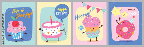 Birthday Anniversary with Funny Character and Birthday Invitation Card Template for banner, poster, vector illustration.