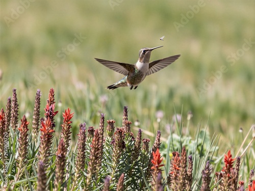 Hummingbird hovering near red flowers hunting aerial insect in sunny meadow