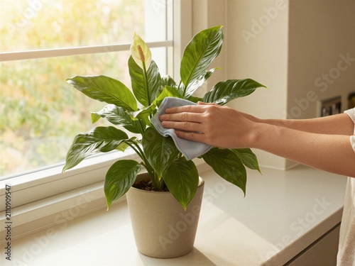 Hands wiping peace lily leaves with microfiber cloth by sunny window
