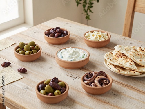 Mediterranean mezze spread with olives, dip, octopus, and flatbread on wooden table