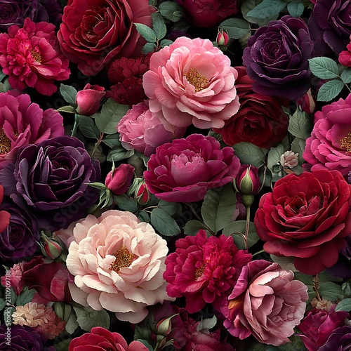 Charming bunch of flowers showcasing different stages of bloom in a seamless rose garden pattern