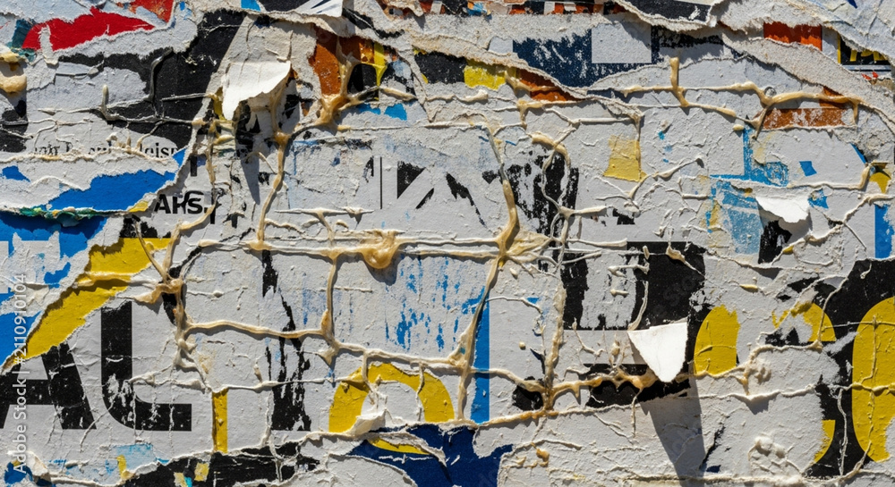 Naklejka premium Peeling posters, distressed wall texture, abstract background, grunge, urban decay, colorful layers