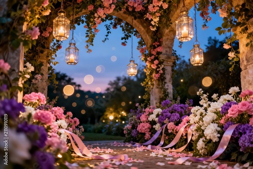 Twilight garden decorated with lush flowering vines and suspended glass lanterns glowing with warm candlelight.