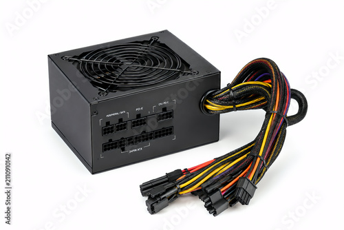 Modular Computer Power Supply Unit with Colorful Cables Isolated on White