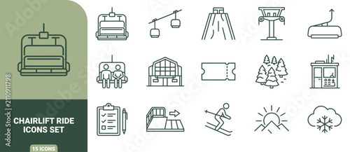 Foto Chairlift ride icons set featuring green outline symbols of ski lifts, gondolas,