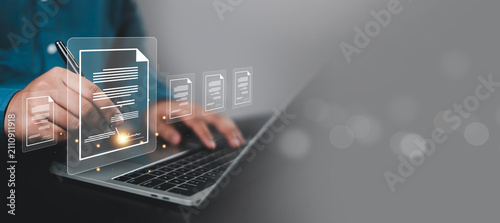 Принти на полотні Digital document management and electronic documentation concept on a laptop, fe