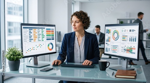 Professional woman analyzing data on dual monitors in a modern office setting, showcasing productivity and focus.