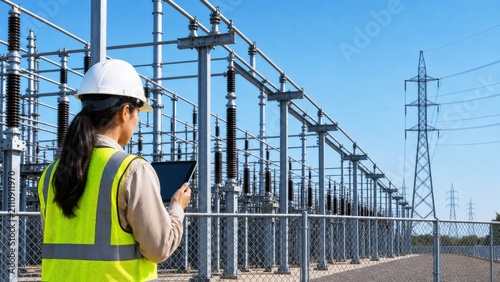 A worker in safety gear monitors electrical equipment at a power station, ensuring safe operations and efficiency in energy management.