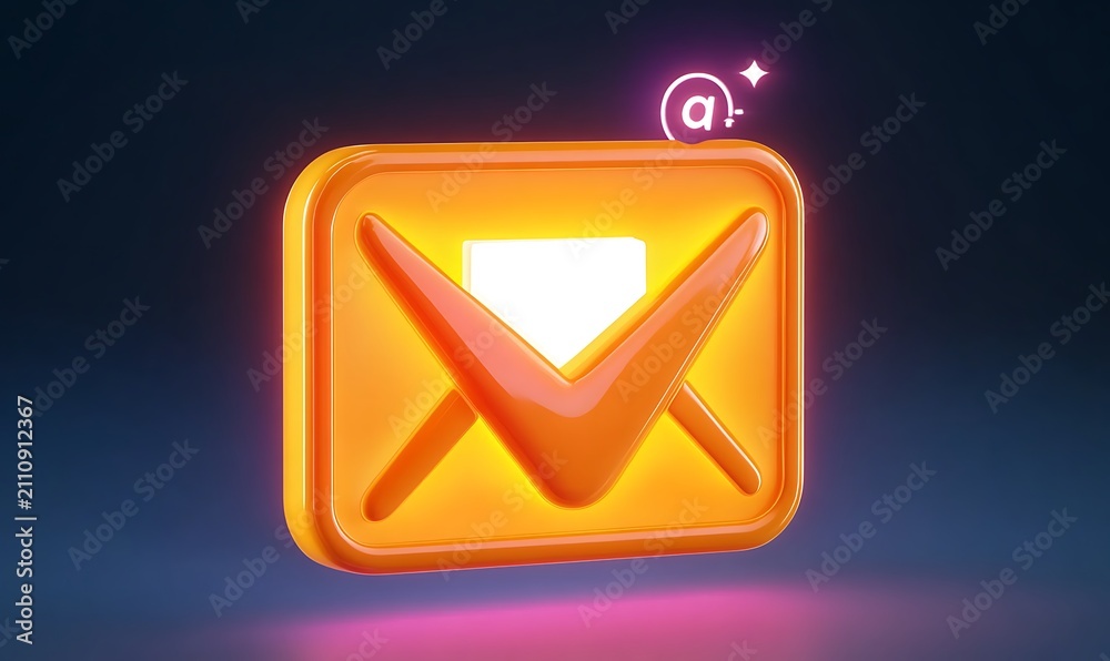 Fototapeta premium Glowing email icon with digital message inside and a checkmark notification.
