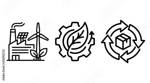 Green industry sustainable development and eco-friendly manufacturing line icons with industry sustainable development manufacturing friendly recycling renewable production environment