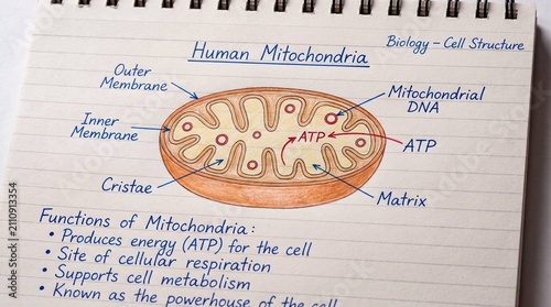 Hand drawn biology diagram of human mitochondria labeled with cell functions