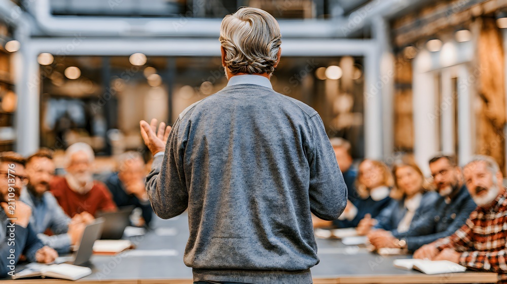 Obraz premium Professional business speaker leading corporate seminar, senior male mentor presenting to diverse team, executive leadership workshop in modern office