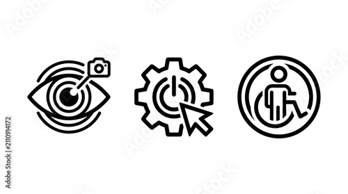 Visual recognition power setup and accessibility support icons with recognition accessibility disability technical configuration wheelchair inclusive technology innovation illustration