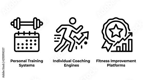 Personal fitness training and coaching system icons with training coaching exercise dumbbell calendar achievement wellness physical activity performance optimization progress lifestyle