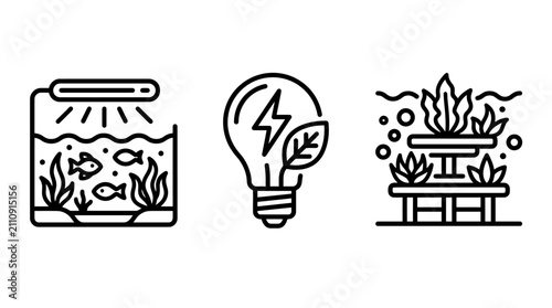Aquarium environment and energy efficiency line icon set with aquarium sustainability illustration environment conservation electric underwater collection minimalist business innovation