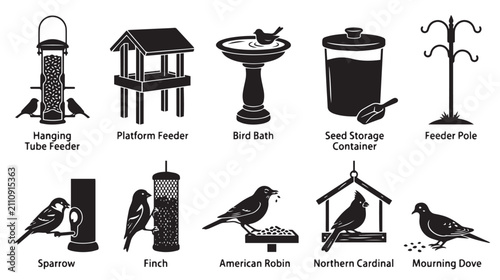 Принти на полотні Bird feeder and garden bird icons, set of 10 black silhouettes including sparrow
