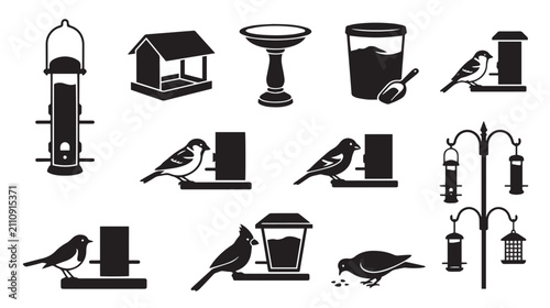 Foto Bird feeder icon set with garden wild bird feeding stations