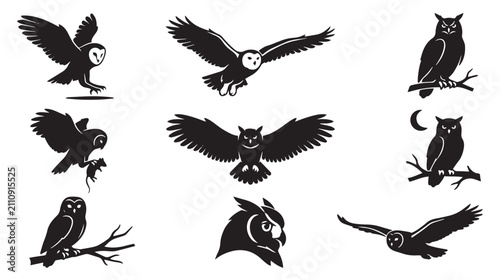 Cuadro en lienzo Black owl silhouette collection, 9 vector bird of prey icons, nocturnal raptor h