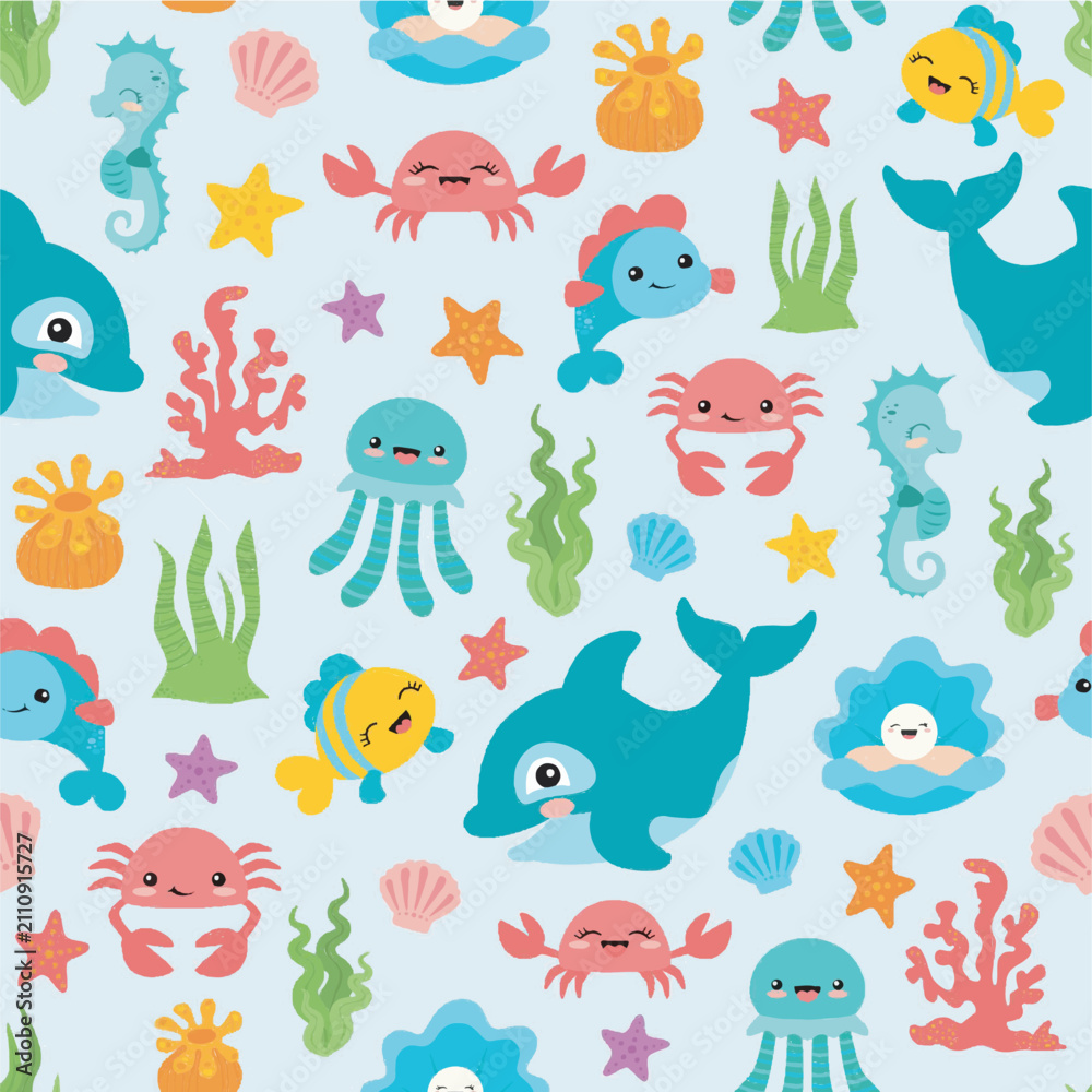 Obraz premium pattern seamless sea animals cute vector wallpaper, background for kids, baby