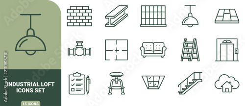 Industrial loft outline icons set featuring brick wall, steel beam, window, lamp, tile, pipe, sofa, ladder, elevator, clipboard, stair