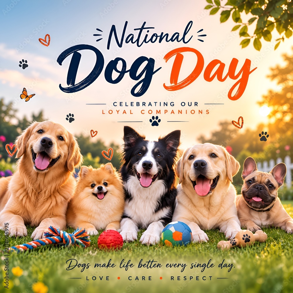 Naklejka premium Four happy dogs celebrating national dog day