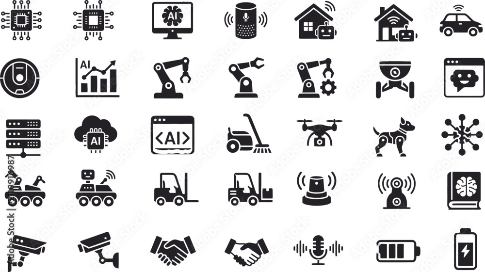Fototapeta premium Artificial Intelligence and Smart Technology Icon Set - AI, Robotics, Automation, IoT, Machine Learning Vector Icons