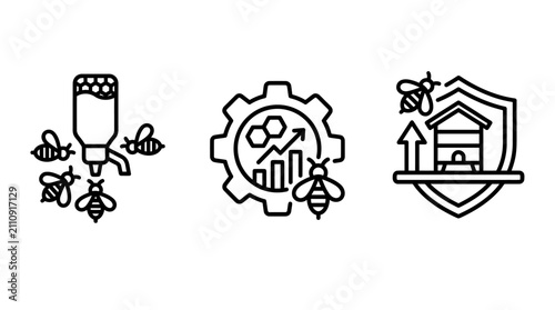 Honey production management and bee health protection icons with beekeeping protection management production agriculture business analytics innovation security monitoring efficiency