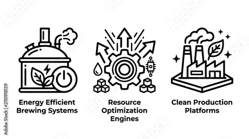 Set of industrial efficiency and sustainability production icons with industry efficiency production sustainability manufacturing optimization business minimalist development technology