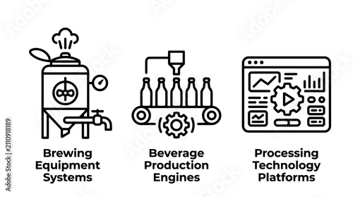 Industrial brewing and beverage production icons with equipment beverage production bottling conveyor technology software dashboard industry manufacturing automation platform processing