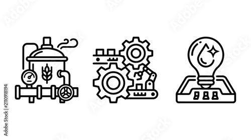 Industrial manufacturing and brewing process icon set with industry manufacturing automation equipment production machinery engineering technology business technical development efficiency