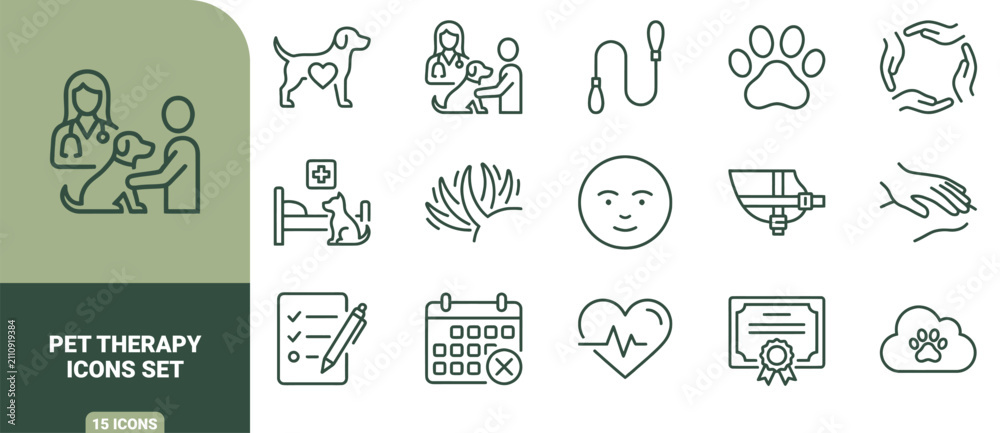 Fototapeta premium Pet therapy green line icon set featuring veterinarian, dog, medical care, heart, and certificate symbols
