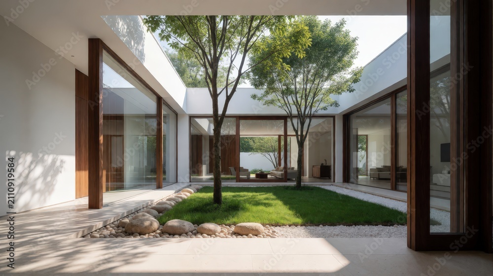 Fototapeta premium Modern courtyard with trees and minimalist furniture, natural light. Use: real estate brochure, architectural design, lifestyle magazine.