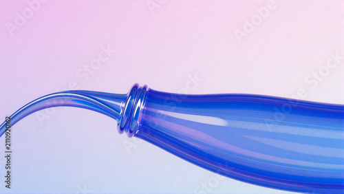 Abstract flowing liquid stream from a glass bottle against a soft pastel background