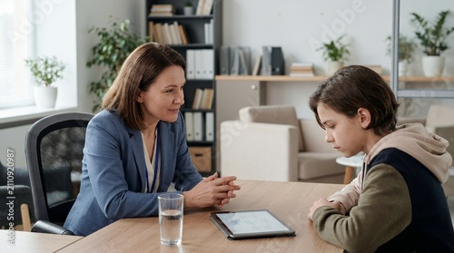 A professional female counselor talking to a young boy during a therapy session in the office.