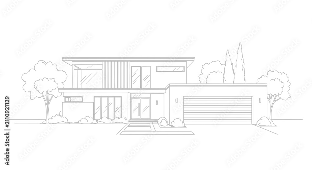Obraz premium Modern house architectural line drawing exterior view contemporary design