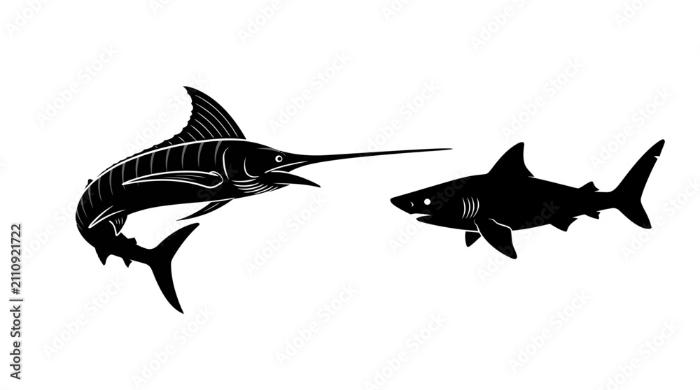 Fototapeta premium Marlin and shark swimming in open water