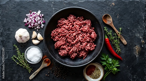 Raw ground beef with herbs spices.