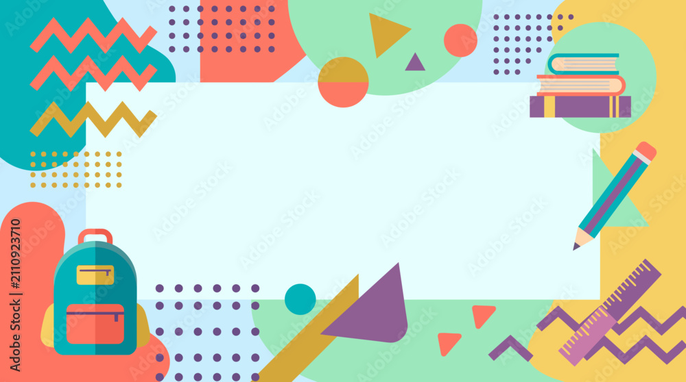 Fototapeta premium Creative Memphis style back to school banner with abstract geometric shapes, patterns, and school icons including a backpack, books, and pencils, providing a fun and modern frame for educational text.