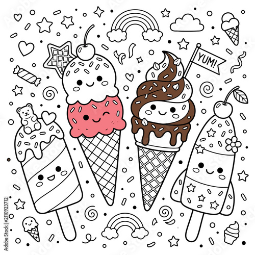 фотографія A collection of cute ice cream treats for a coloring page