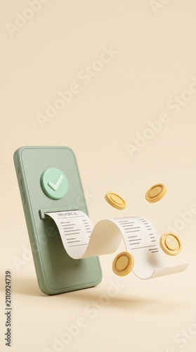 The 3d render of green smartphone with unrolling paper receipt and golden coins for e invoice payment