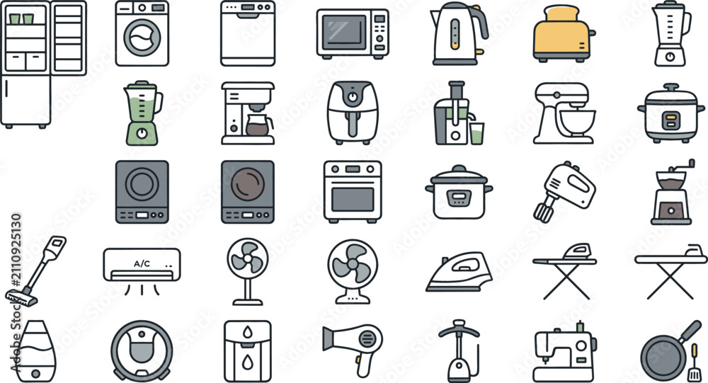 Fototapeta premium Home kitchen appliances flat line icons set featuring refrigerator washing machine microwave toaster and coffee maker for retail website interface commercial graphic design templates