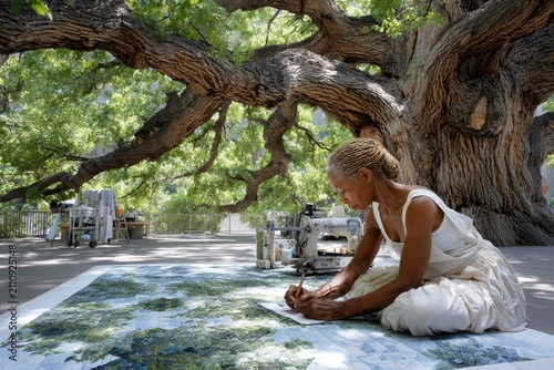 Artist creates detailed quilt under a large tree in a serene outdoor setting